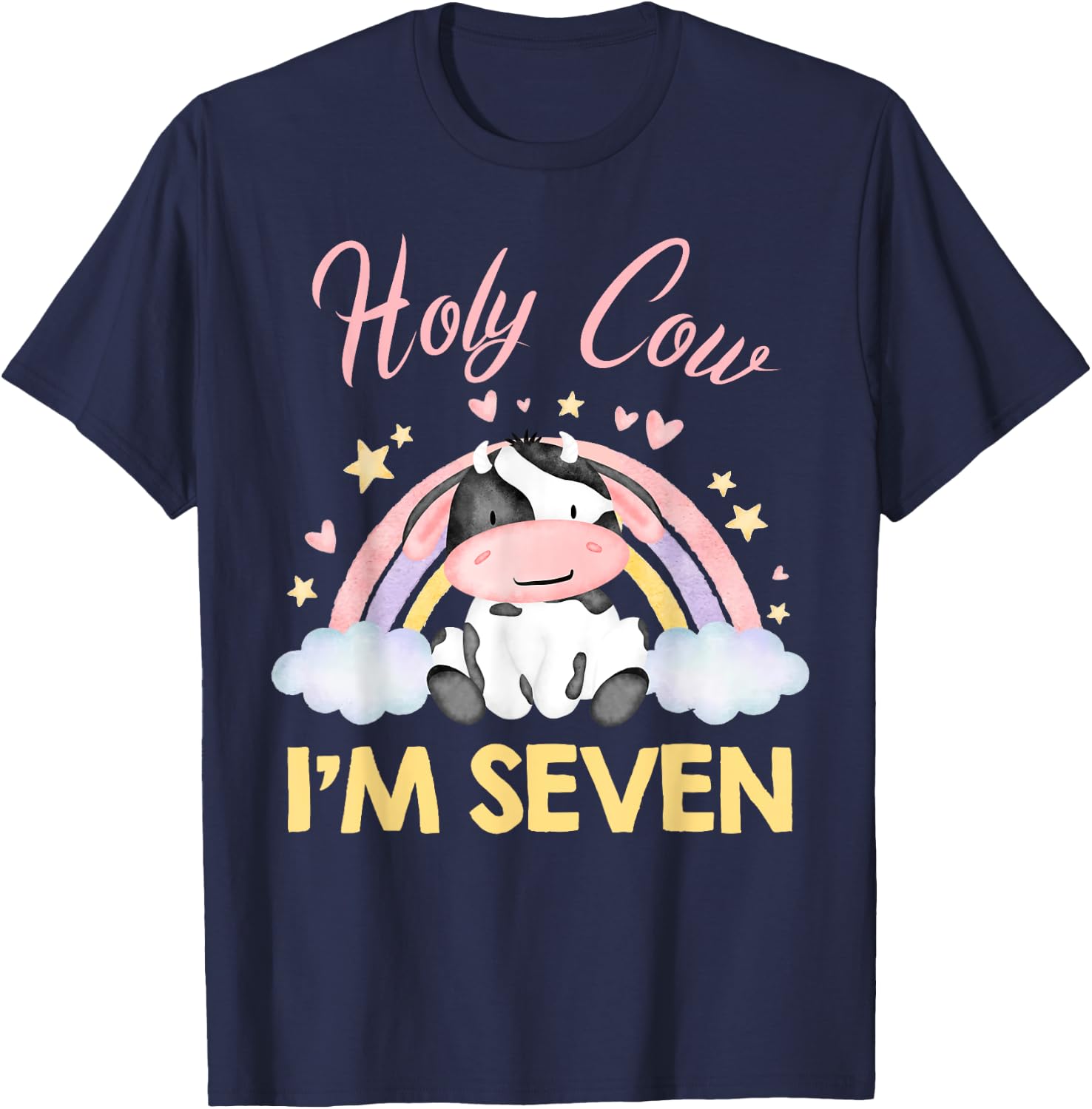 Holy Cow I'm Seven Rainbow Cow 7 Year Old 7th Birthday Girl T-Shirt - T-Shirt | Navy