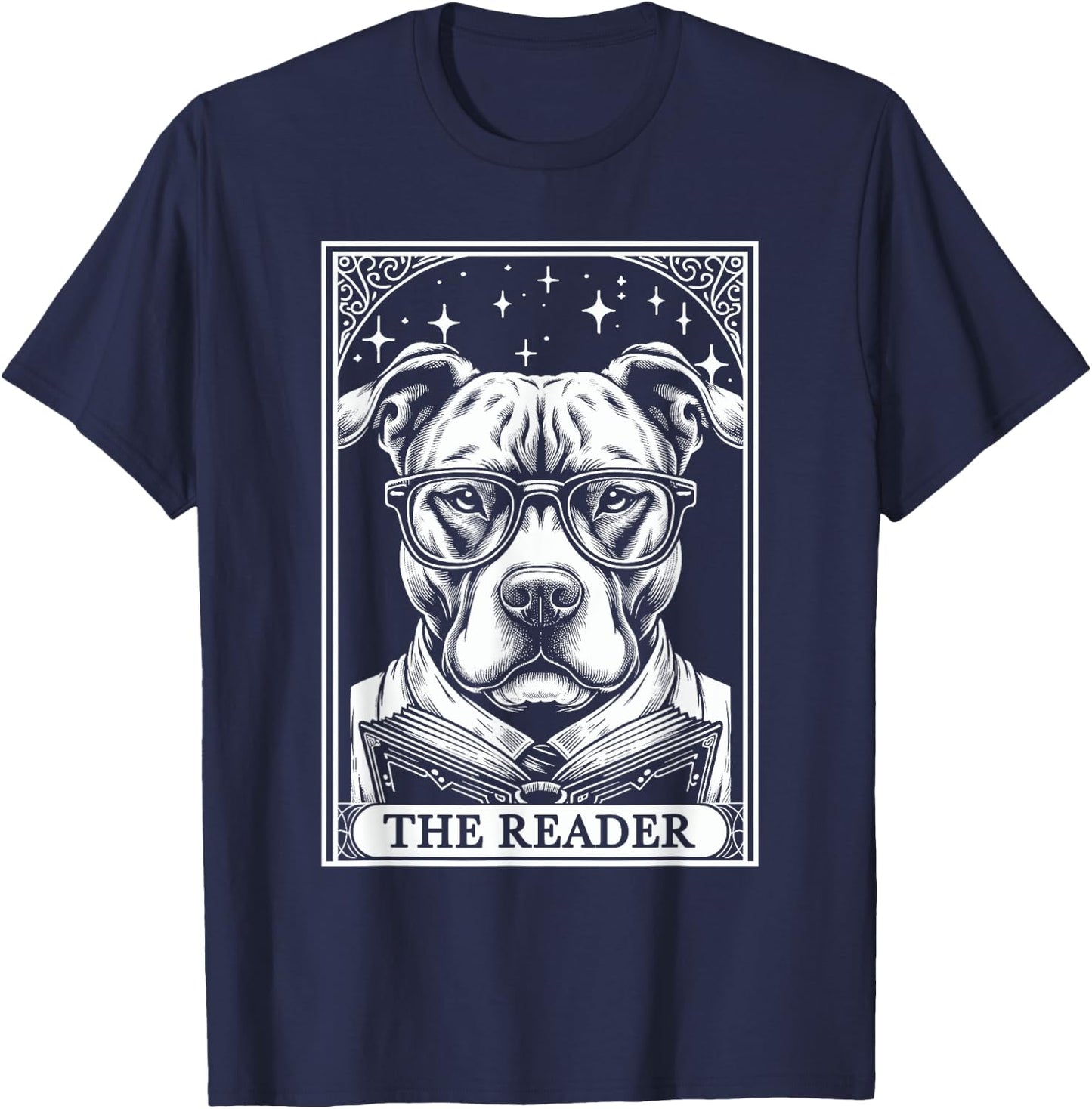 Tarot Card Vintage Pit Bull Pittie Dog Book Lover The Reader T-Shirt - T-Shirt | Navy