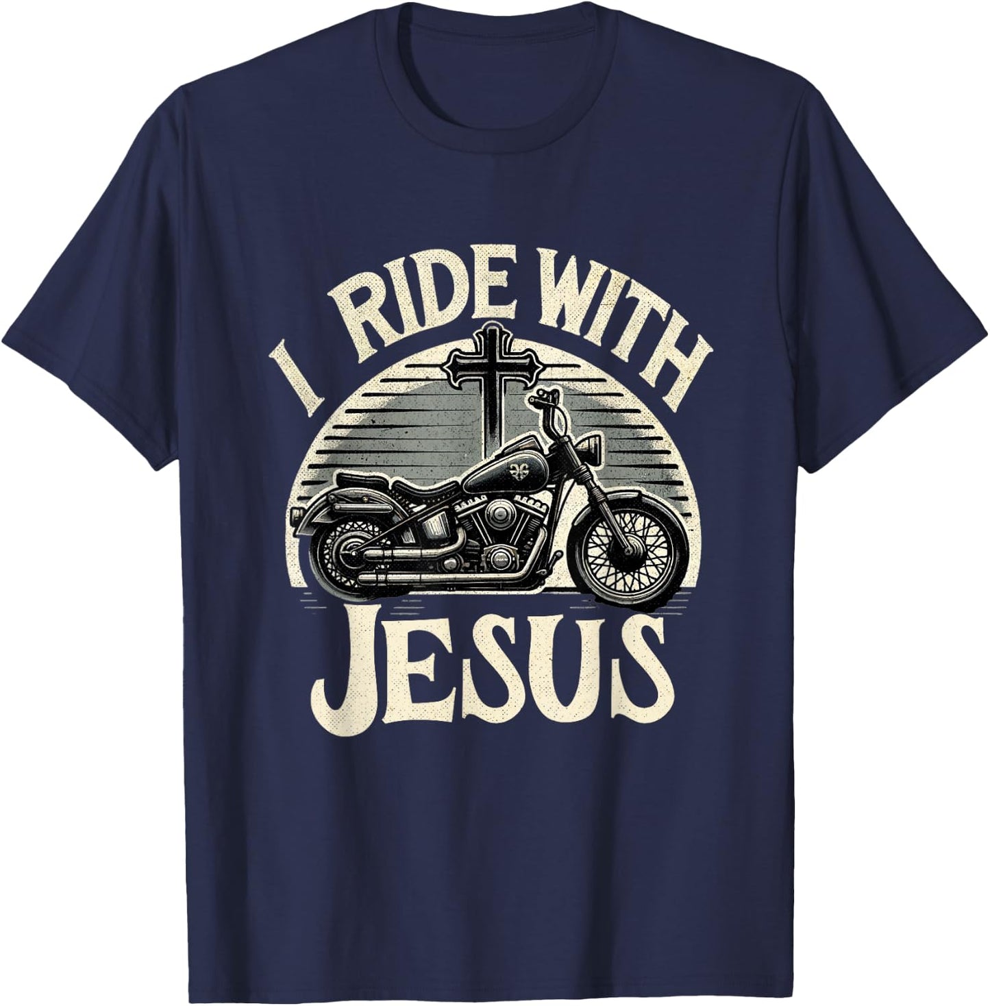 Faithful Flair I Ride With Jesus Motorcycle Christian , Small, Black T-Shirt - T-Shirt | Navy