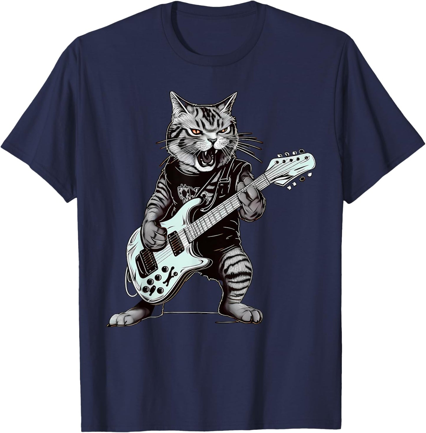 Cat Guitar T Shirt Cat Playing Guitar Heavy Metal Cat T-Shirt - T-Shirt | Navy