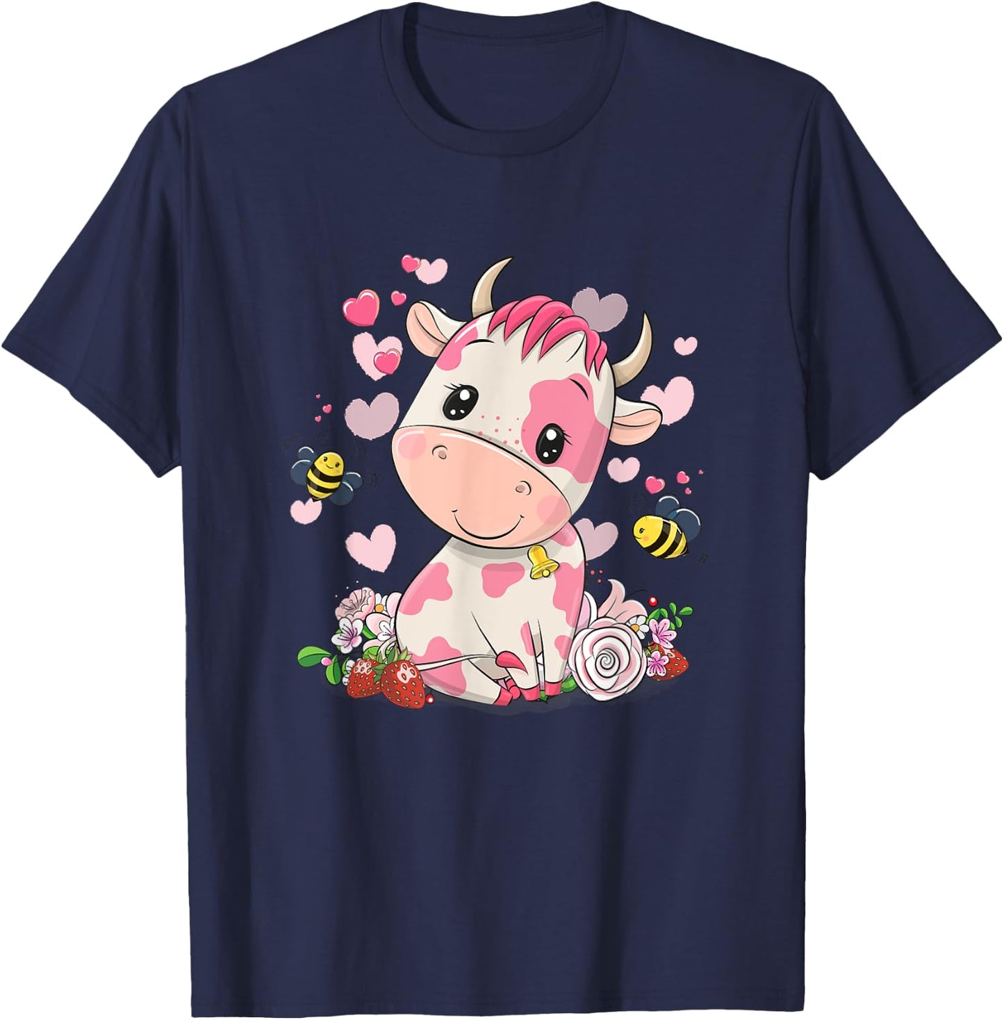 Strawberry Cow, Cute Cow, Pink Cow Pet T-Shirt - T-Shirt | Navy