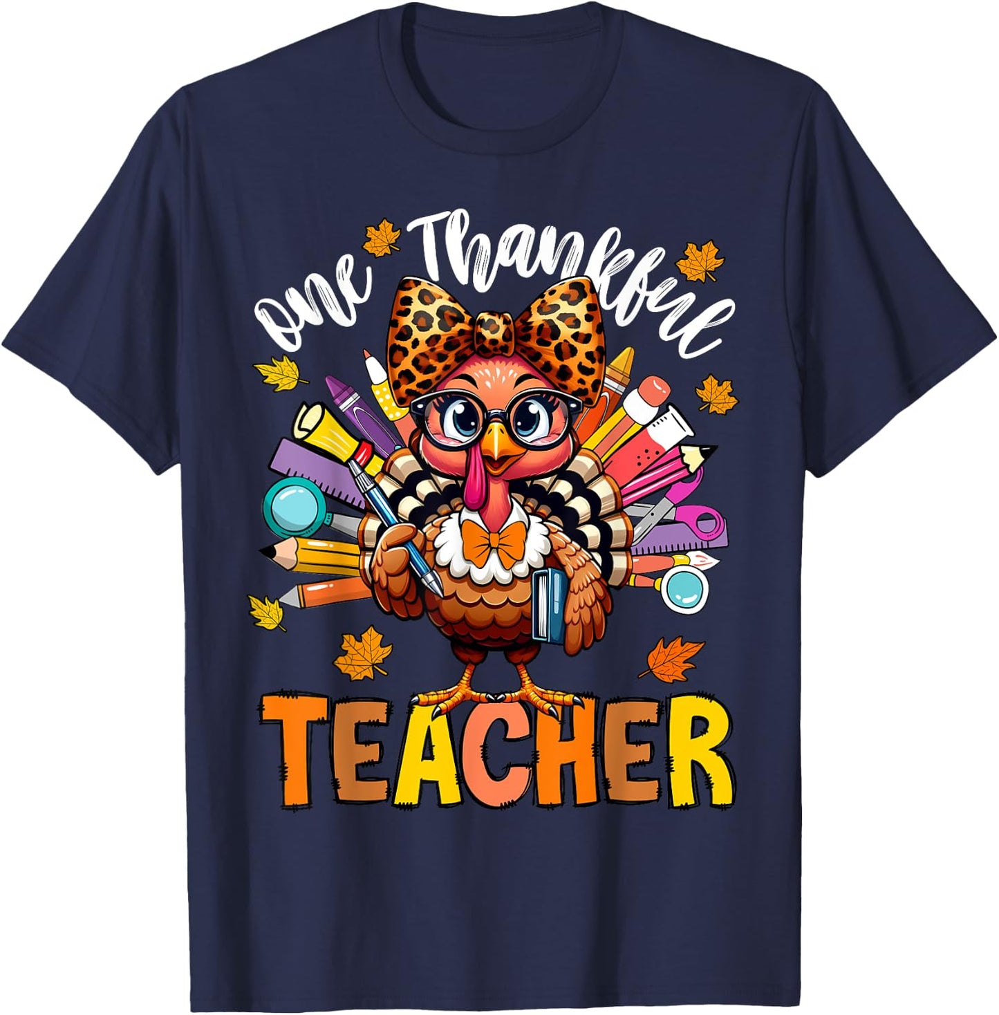 One Thankful Teacher Thanksgiving Turkey Cute Crayon Pencil T-Shirt - T-Shirt | Navy