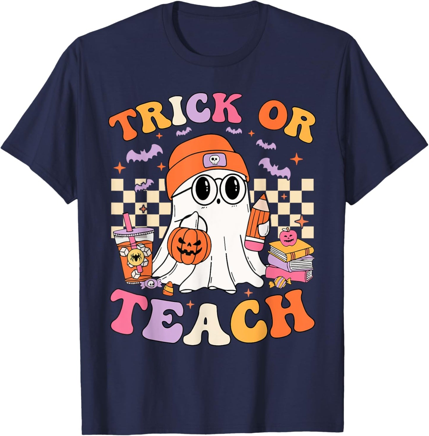 Teacher Halloween Trick Or Teach Cute Ghost Coffee Pumpkins T-Shirt - T-Shirt | Navy