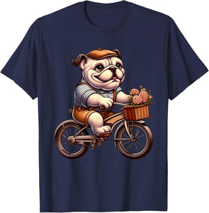 Cute English Bulldog on Bicycle Cycling Men Women Kids T-Shirt - T-Shirt | Navy