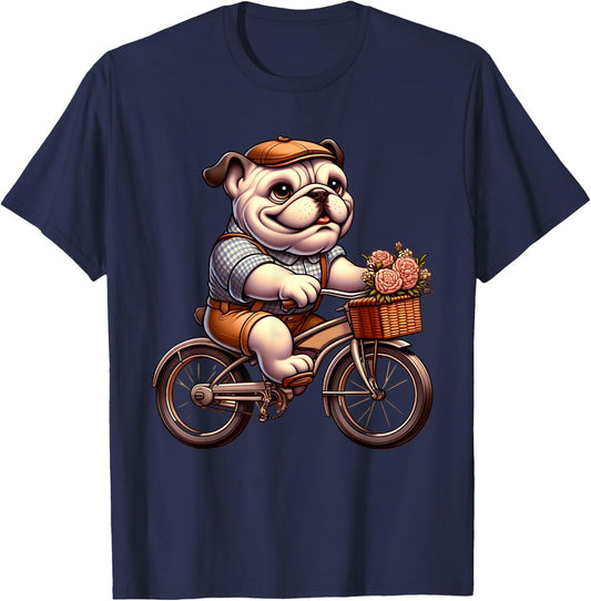 Cute English Bulldog on Bicycle Cycling Men Women Kids T-Shirt - T-Shirt | Navy