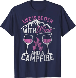 Camping and Wine Shirt Life Better with Wine and Campfire T-Shirt - T-Shirt | Navy