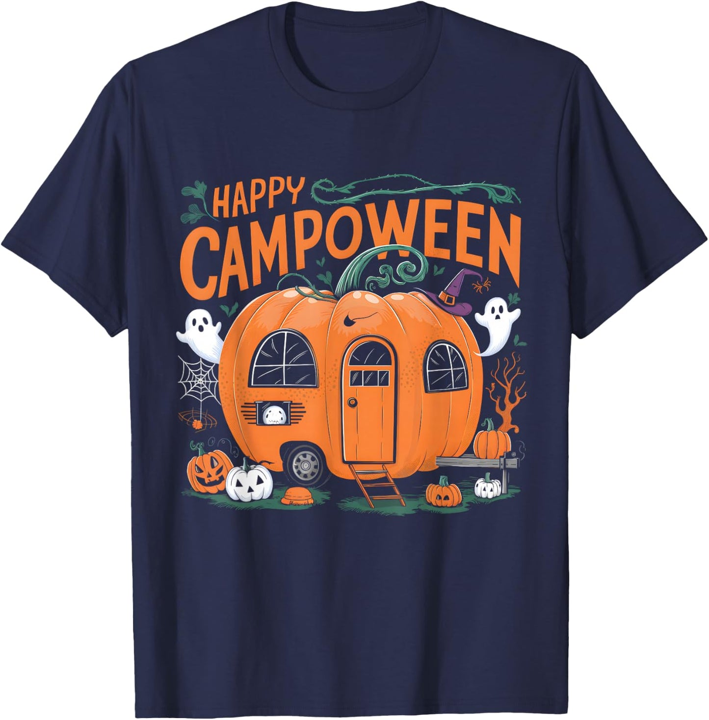 Happy Camp-O-Ween Halloween Camping Ghosts and Campfires T-Shirt - T-Shirt | Navy