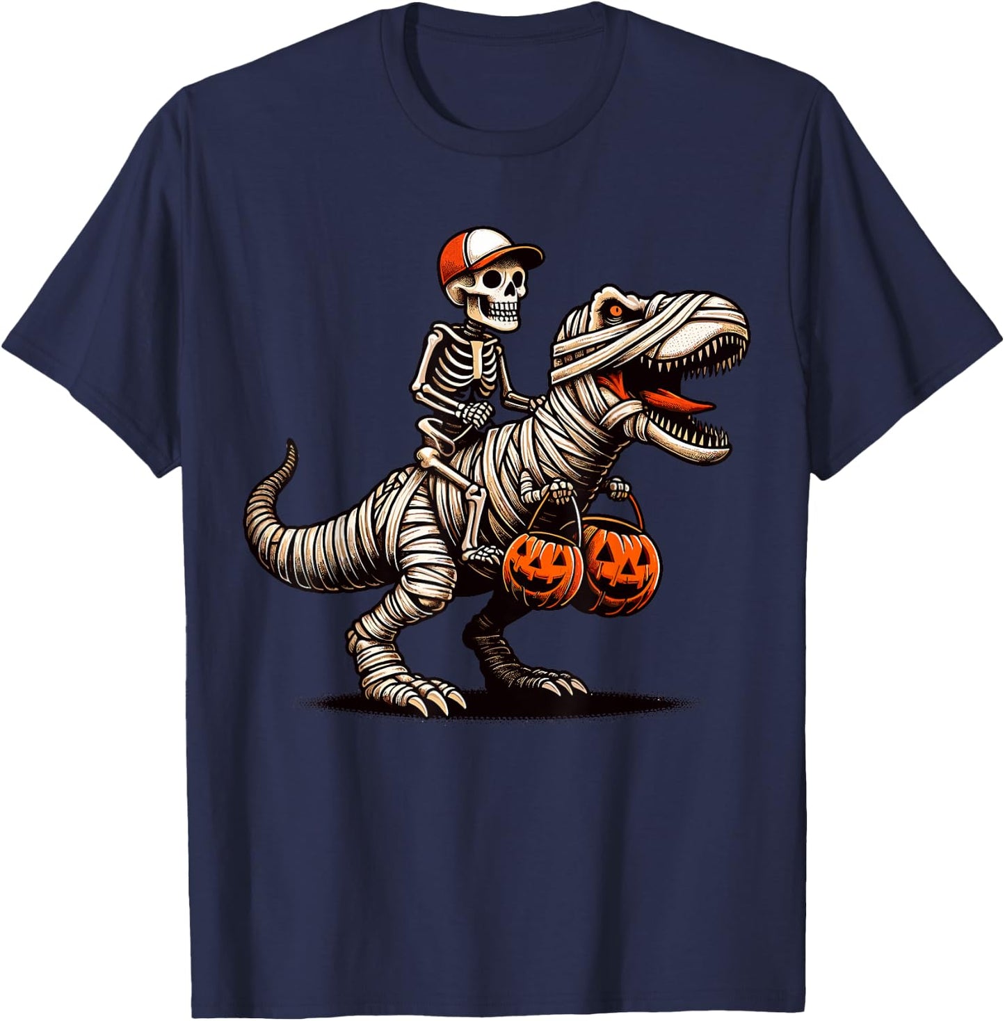 Skeleton Riding Mummy Dinosaur Pumpkin Halloween T-Shirt - T-Shirt | Navy