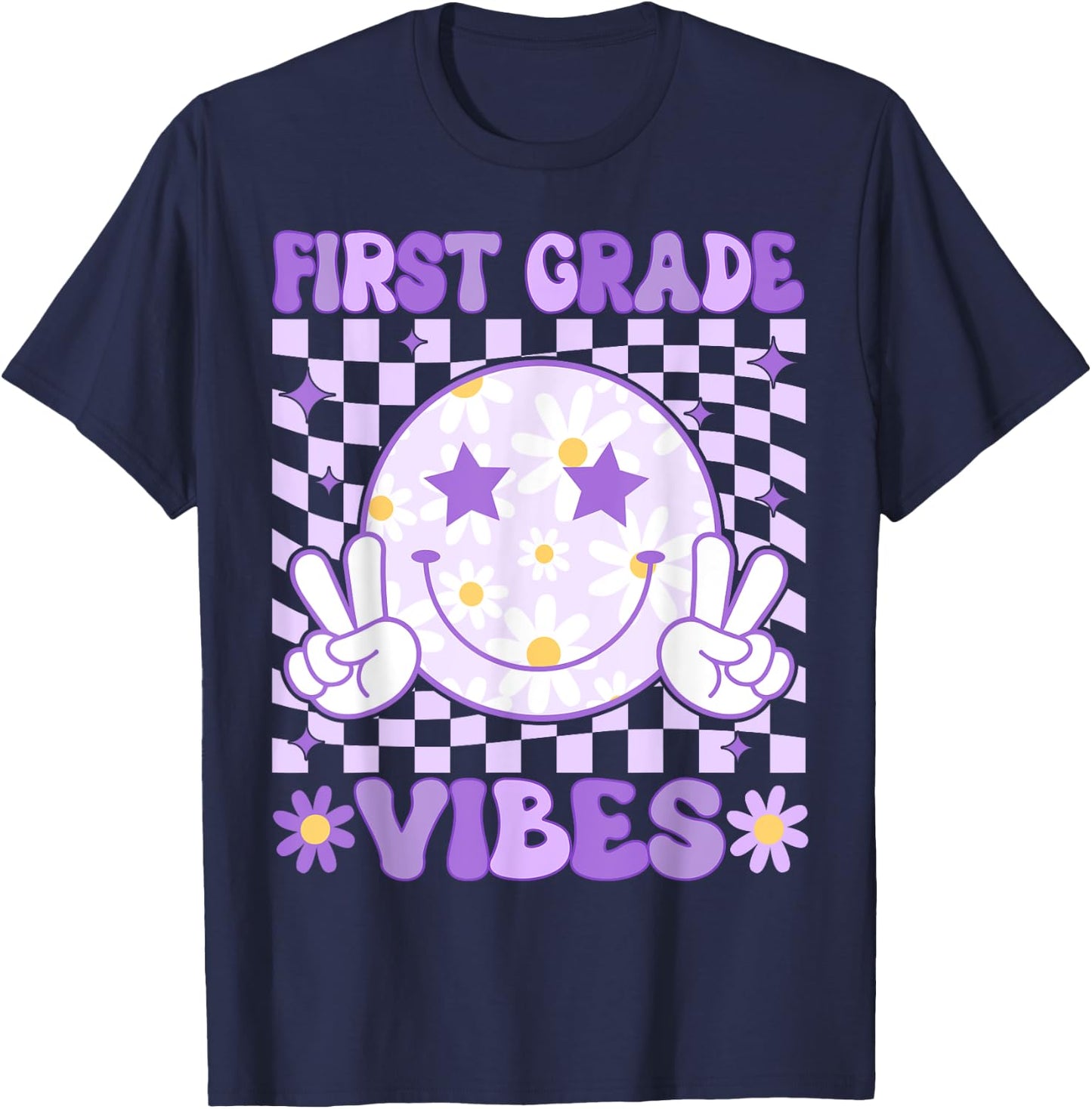 Groovy First Grade Vibes Back to School 1st Grade Teacher T-Shirt - T-Shirt | Navy