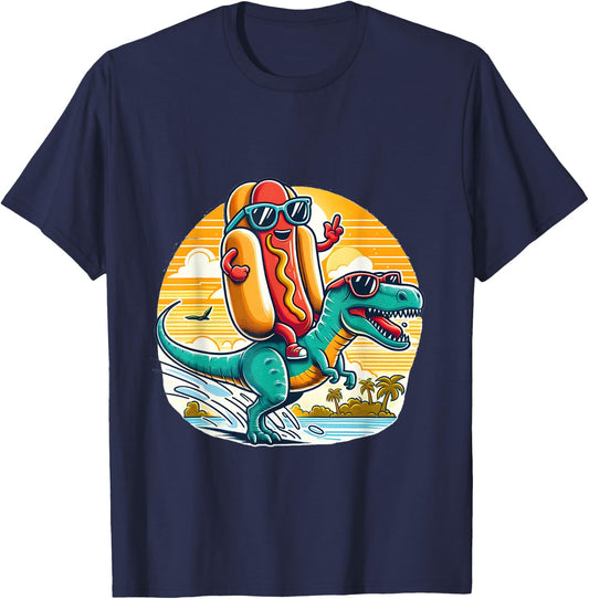 Funny T-Rex Dinosaur and Hot Dog summer vibes T-Shirt - T-Shirt | Navy