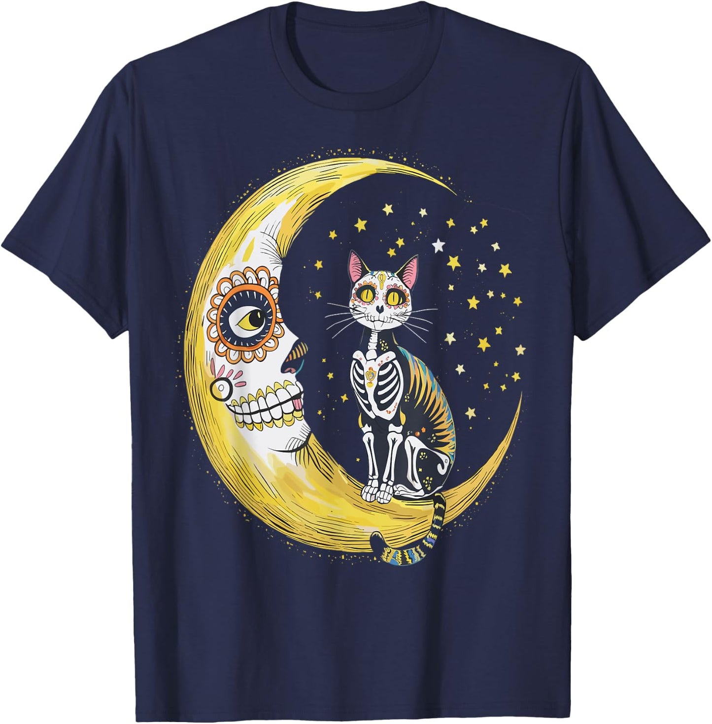 Cat And Moon Sugar Skull Dia De Los Muertos Day Of The Dead Men Women Kids T-Shirt - T-Shirt | Navy