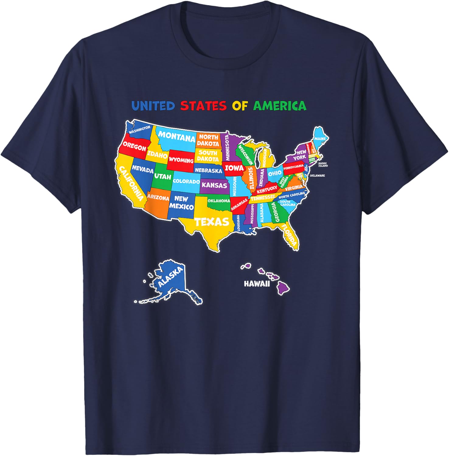 Colorful United states of America Map with states names, USA T-Shirt - T-Shirt | Navy