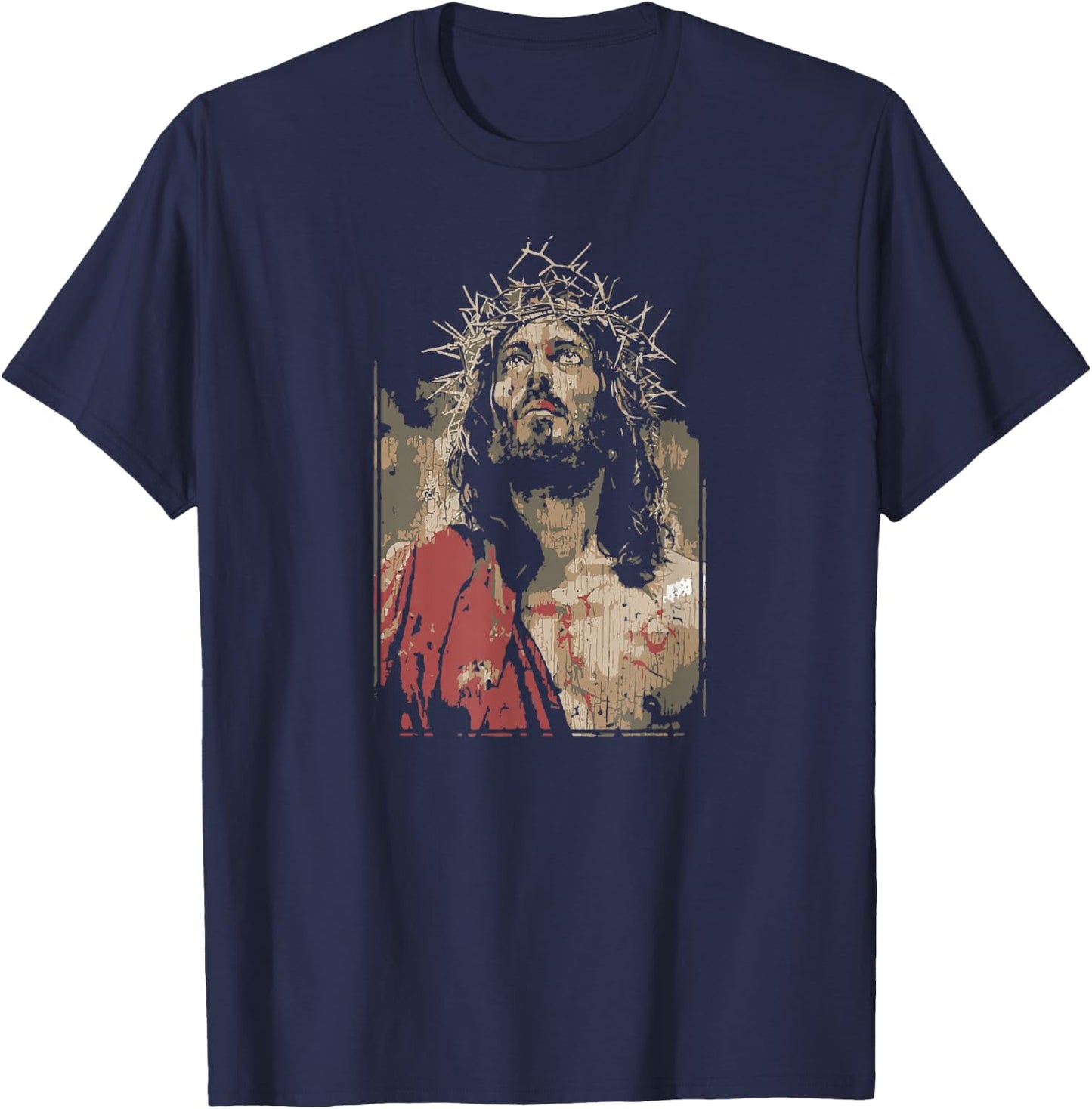 Face Of Jesus On A Cross With Crown Of Thorns T-Shirt - T-Shirt | Navy