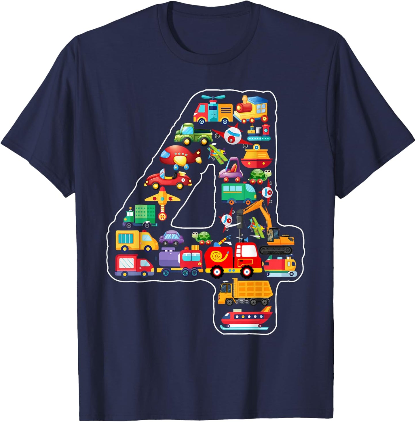 Kids 4th Birthday For Boys Cars Vehicles Fire Truck Airplane T-Shirt - T-Shirt | Navy