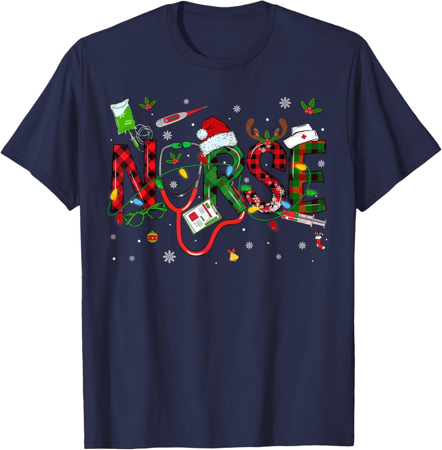 Nurse Christmas Stethoscope Nurses Xmas Scrub Men Women T-Shirt - T-Shirt | Navy