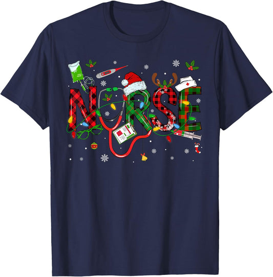 Nurse Christmas Stethoscope Nurses Xmas Scrub Men Women T-Shirt - T-Shirt | Navy