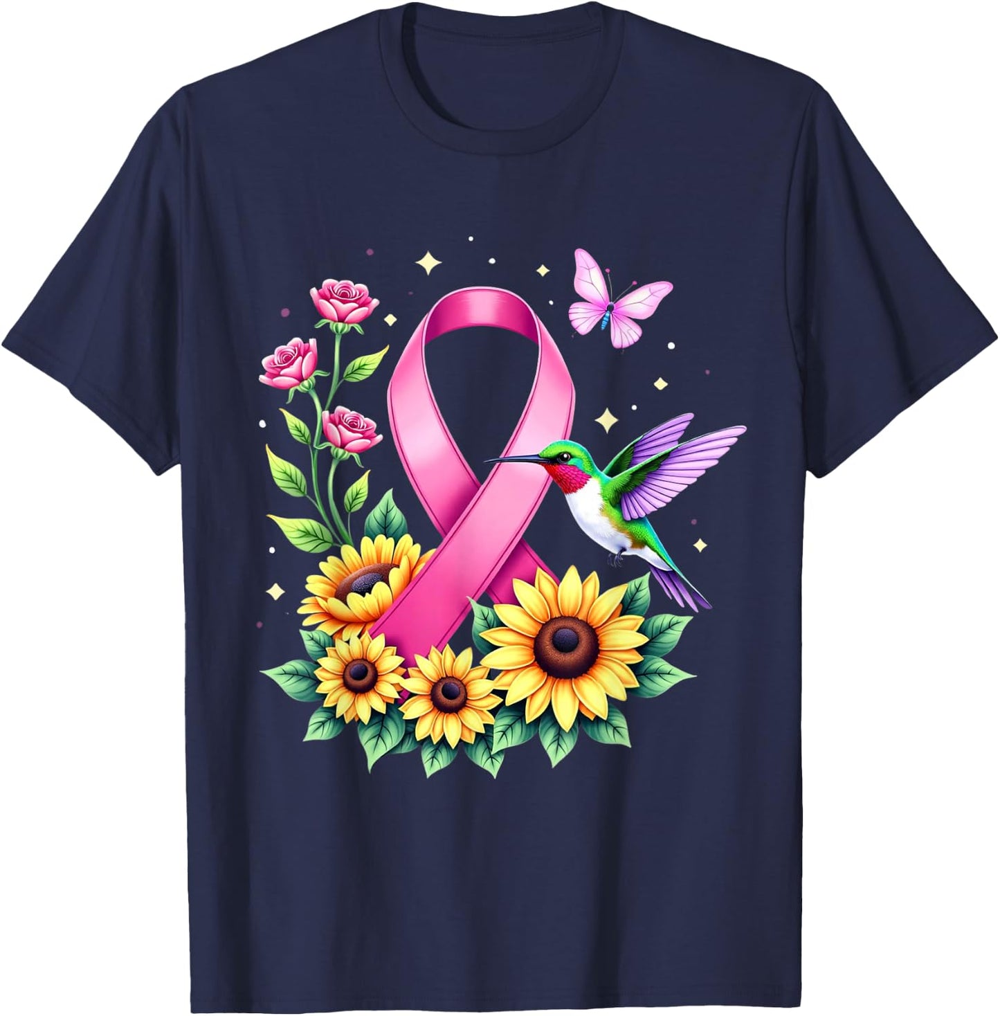 Hummingbird Sunflower Pink Ribbon Breast Cancer Awareness T-Shirt - T-Shirt | Navy