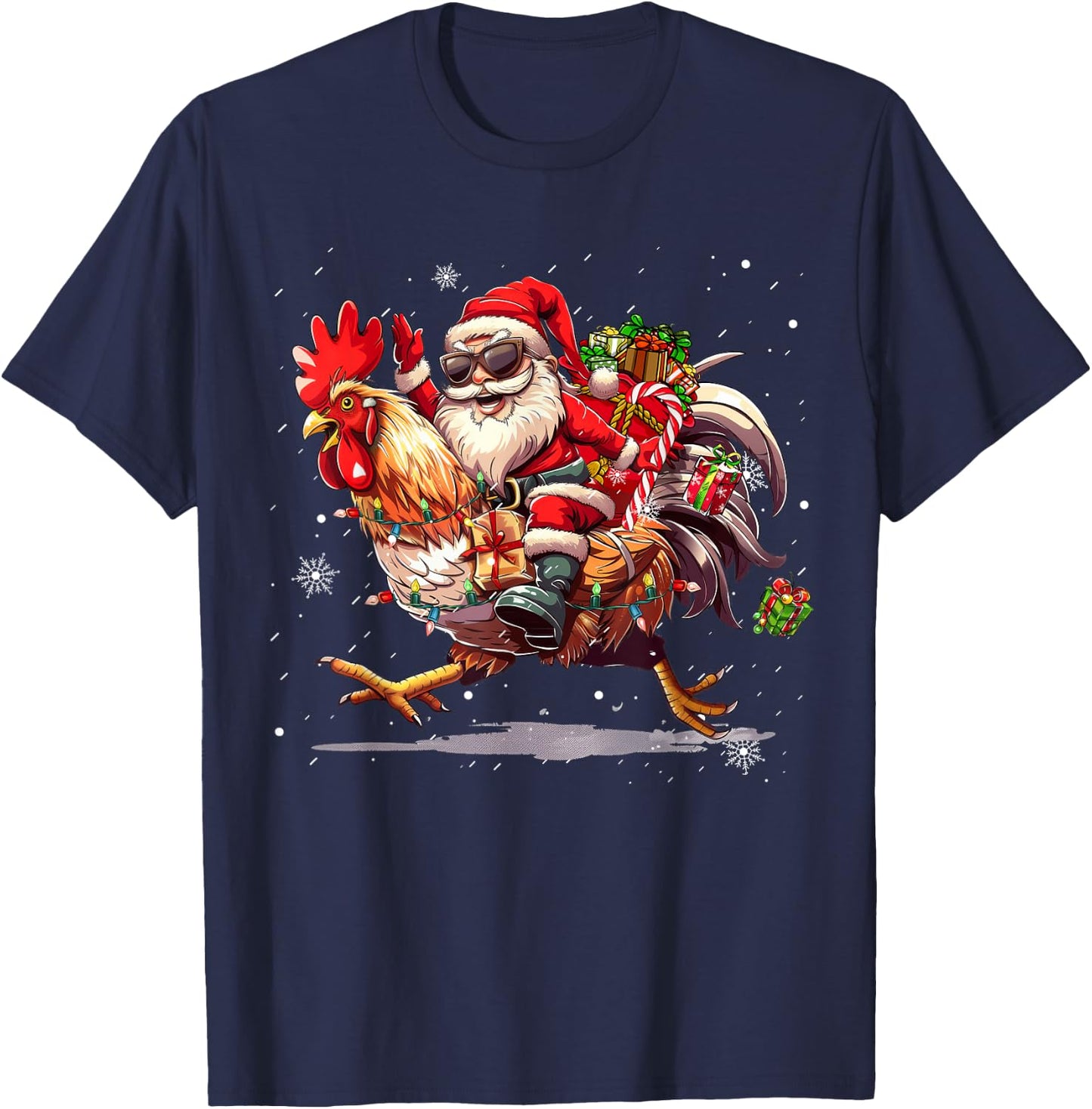 Merry Christmas 2025 Funny Santa Riding Chicken Christmas T-Shirt - T-Shirt | Navy