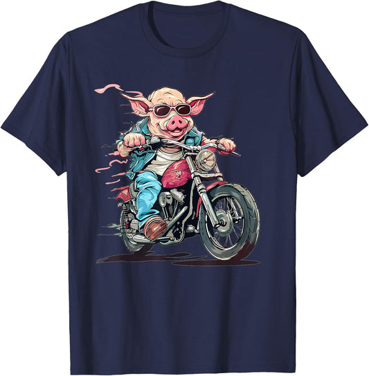 Funny Biker Pig Riding A Motorcycle T-Shirt - T-Shirt | Navy