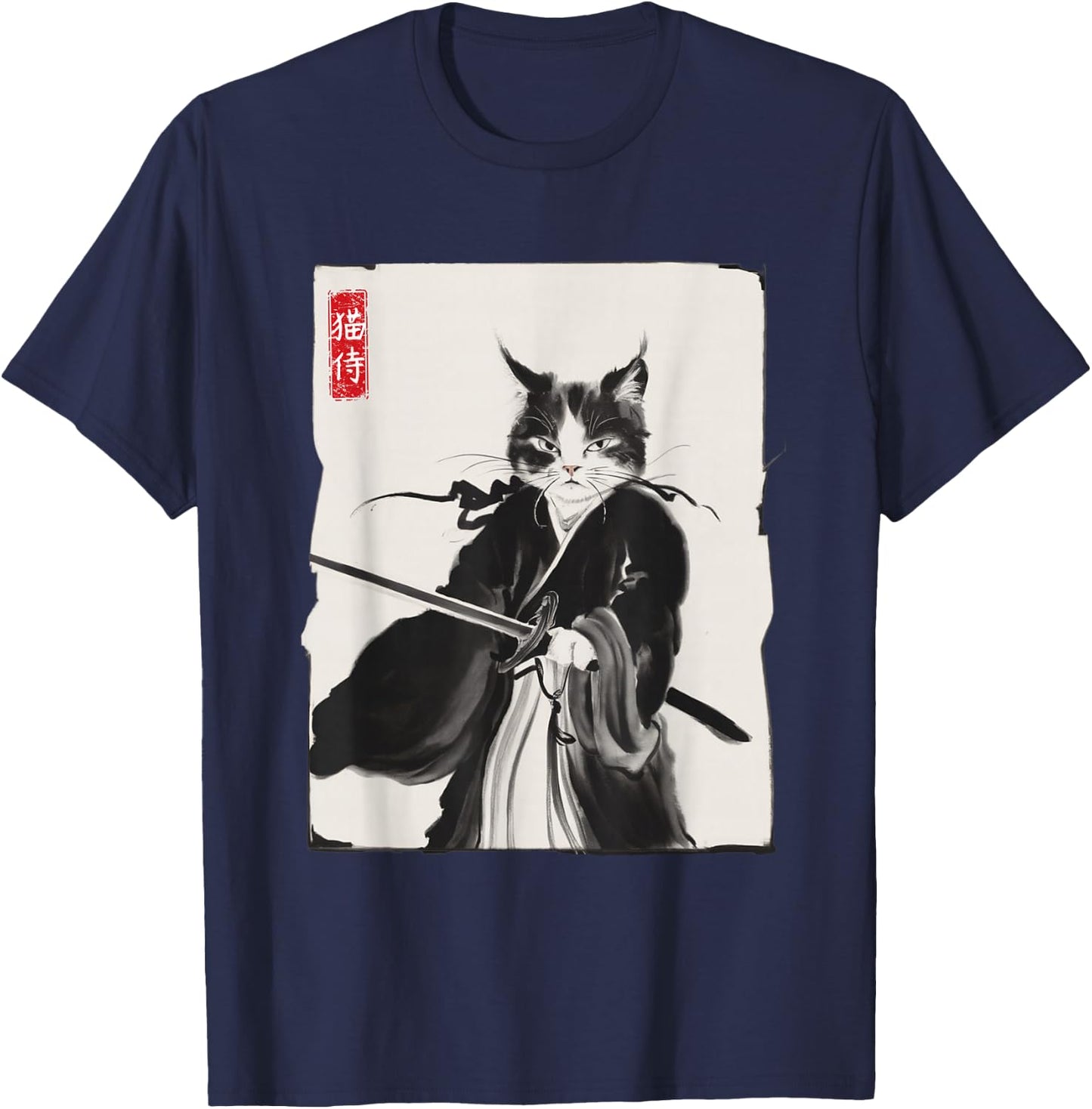 Samurai Cat Warrior Ink Art Funny Japanese Style T-Shirt - T-Shirt | Navy