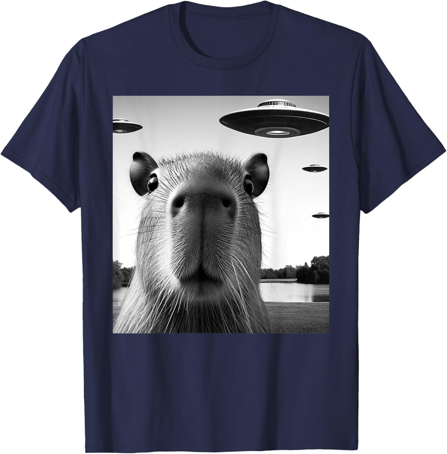 Funny Capybara Selfie with UFOs Weird Graphic T-Shirt - T-Shirt | Navy