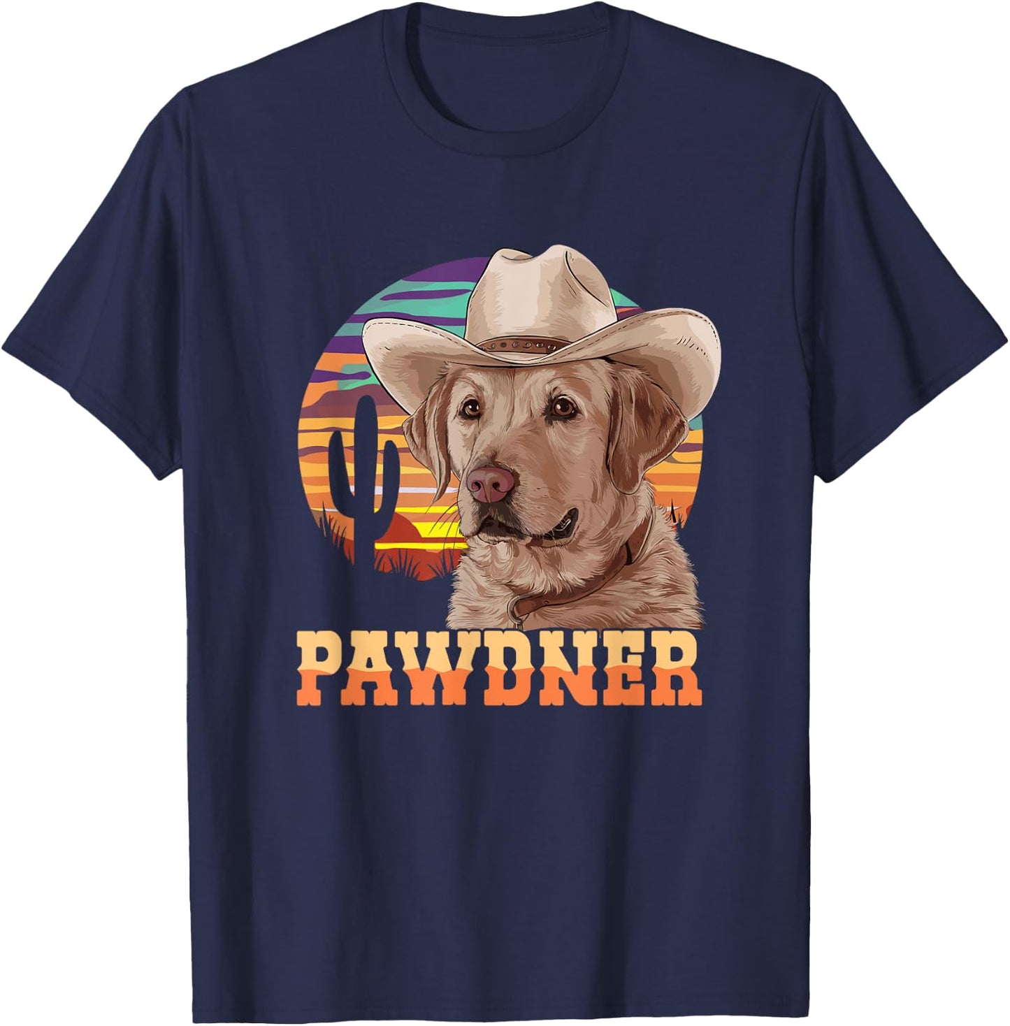 Pawdner Cowboy Lab Desert Sunset Labrador with Hat Dog Dad T-Shirt - T-Shirt | Navy