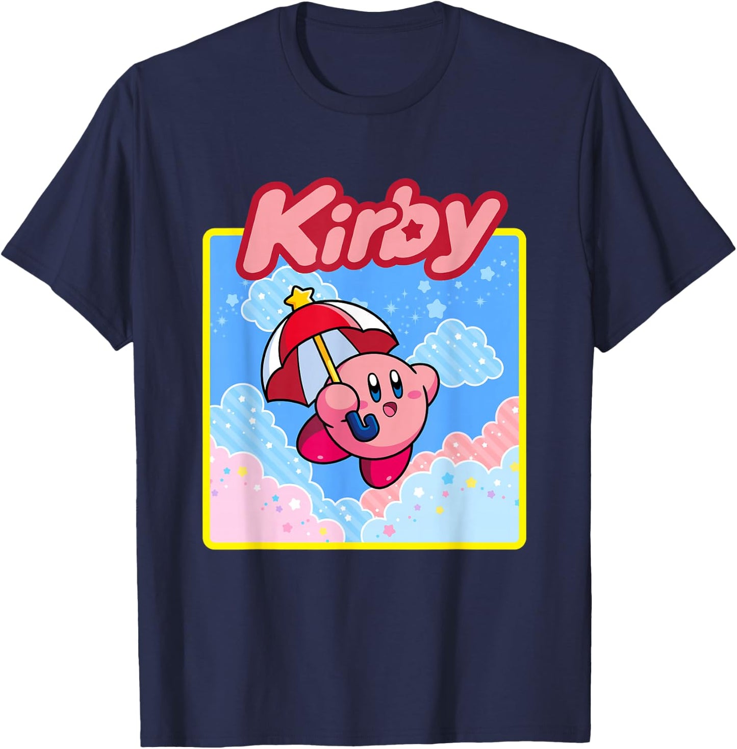 Kirby Pastel Pink & Blue Cloudy Big Character Portrait T-Shirt - T-Shirt | Navy
