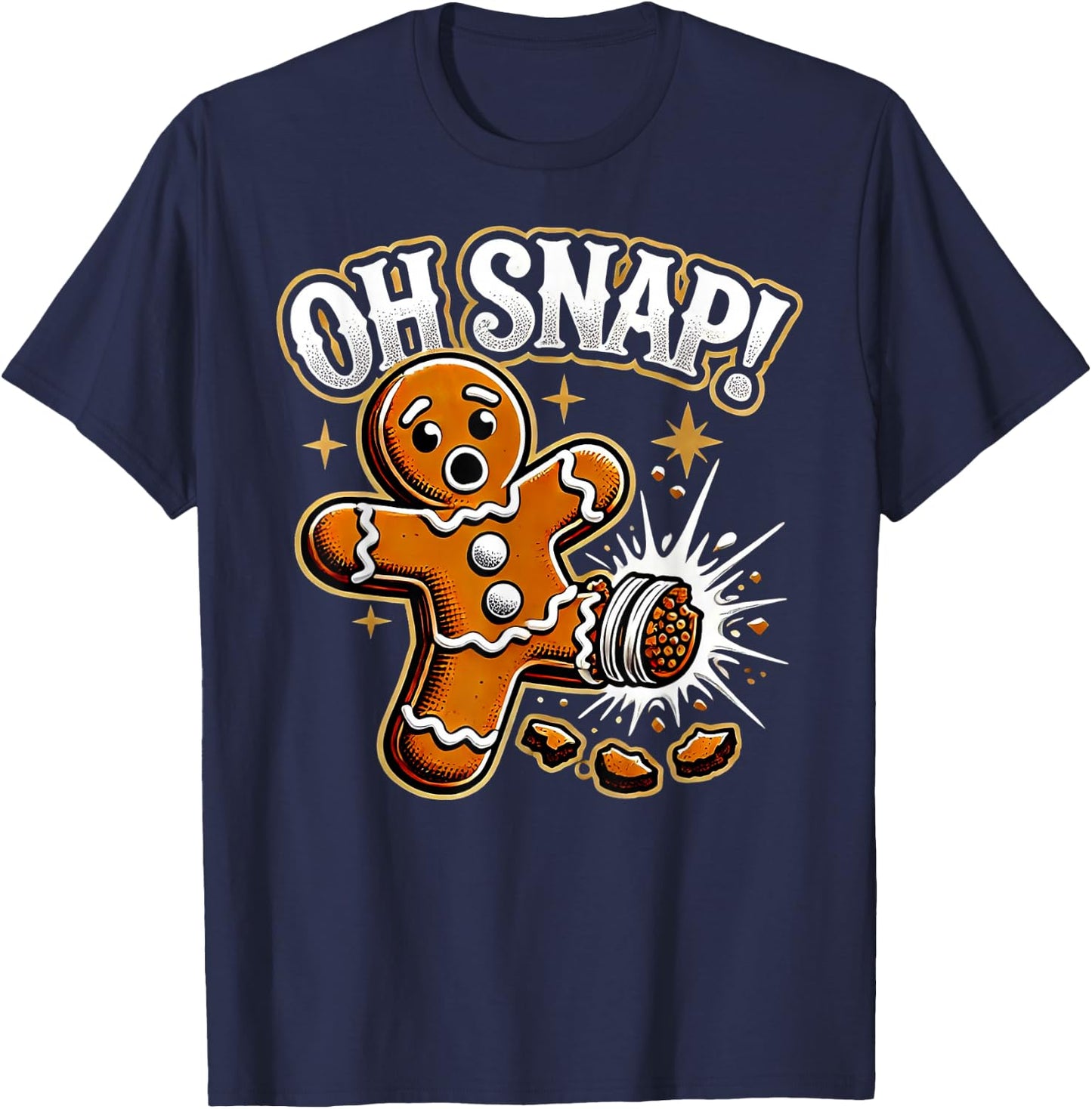 Oh Snap Gingerbread Man -Adult Black Cartoon Holiday Humorous Modern Classic Fit Short Sleeve T-Shirt - T-Shirt | Navy