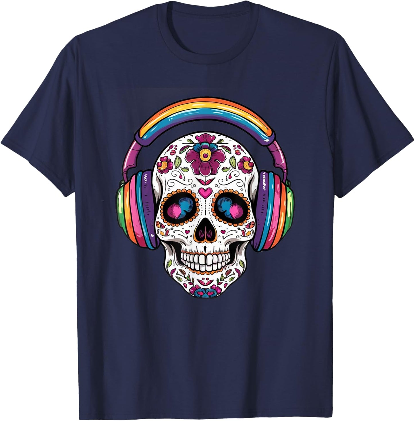 Sugar Skull Headphones Day of Dead Halloween Dia De Muertos T-Shirt - T-Shirt | Navy