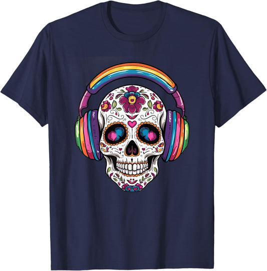 Sugar Skull Headphones Day of Dead Halloween Dia De Muertos T-Shirt - T-Shirt | Navy
