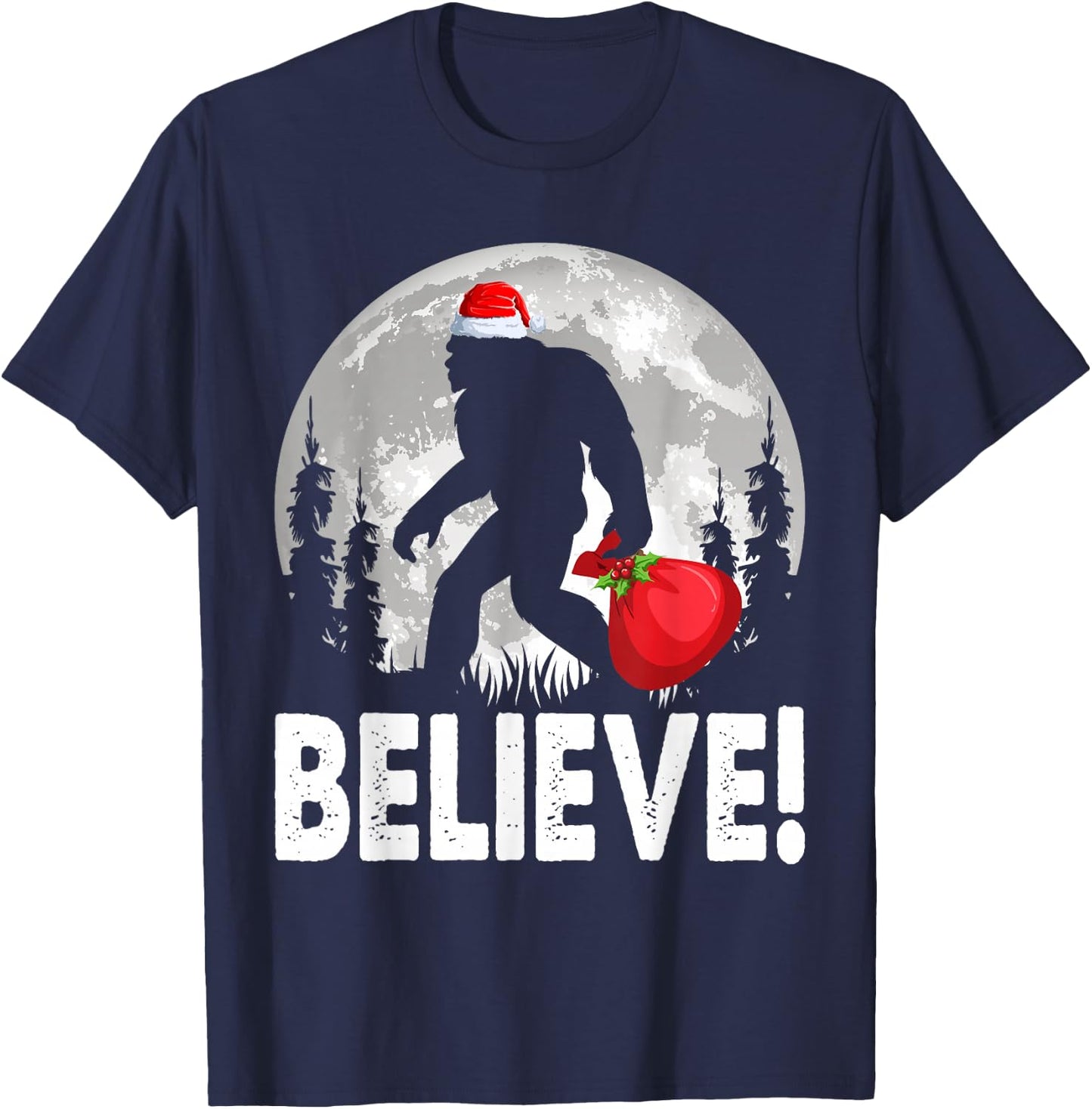 Believe! Santa Bigfoot Christmas Snow & Moon Night Graphic T-Shirt - T-Shirt | Navy