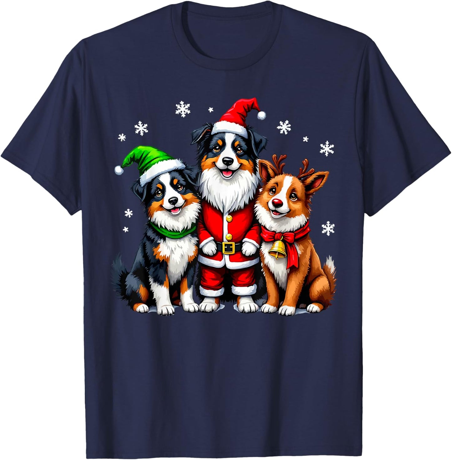 Australian Shepherd Christmas Dogs Funny Santa Reindeer Elf T-Shirt - T-Shirt | Navy