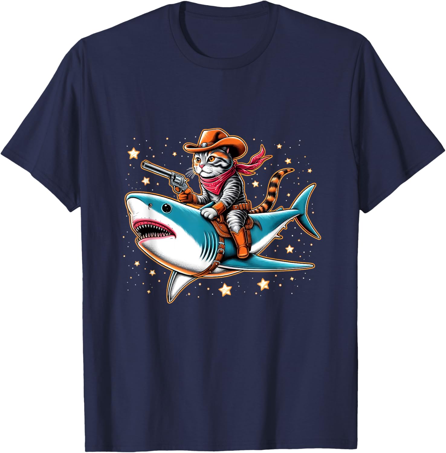 Cat Cowboy Riding A Shark In Space T-Shirt - T-Shirt | Navy