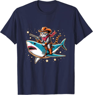 Cat Cowboy Riding A Shark In Space T-Shirt - T-Shirt | Navy
