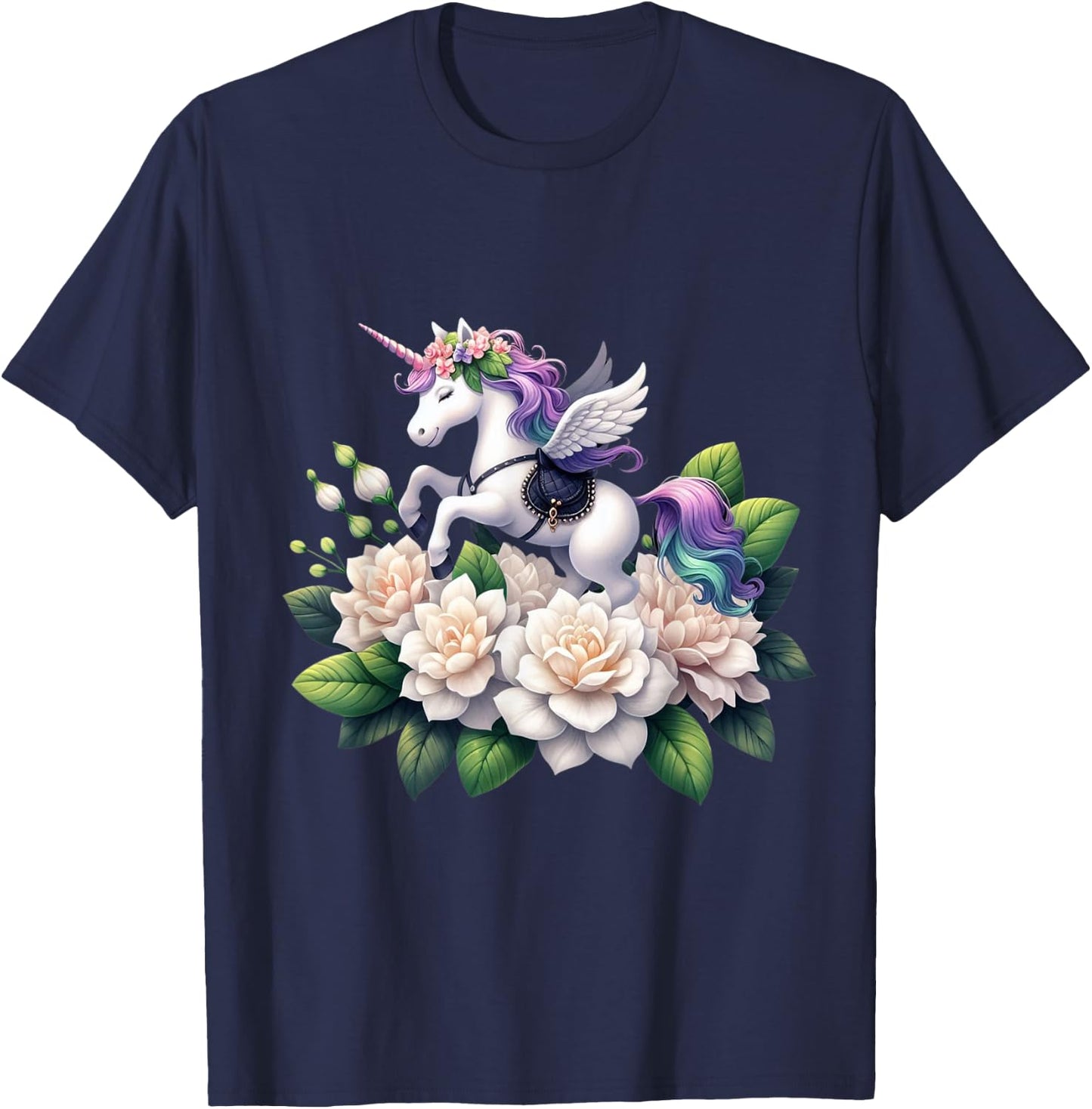 Unicorn Riding Gardenia Boys Girls Men Women Kids Adults T-Shirt - T-Shirt | Navy