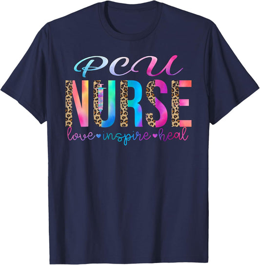 PCU nurse love inspire heal watercolor , Small, Black T-Shirt - T-Shirt | Navy
