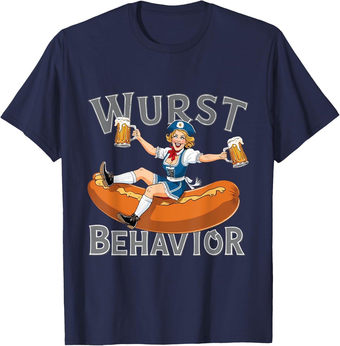 Wurst Behavior: Oktoberfest Bavarian Woman And Bratwurst T-Shirt - T-Shirt | Navy