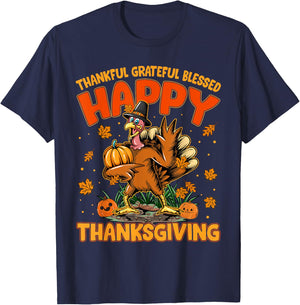 Thankful Grateful Blessed Happy Thanksgiving Turkey T-Shirt - T-Shirt | Navy