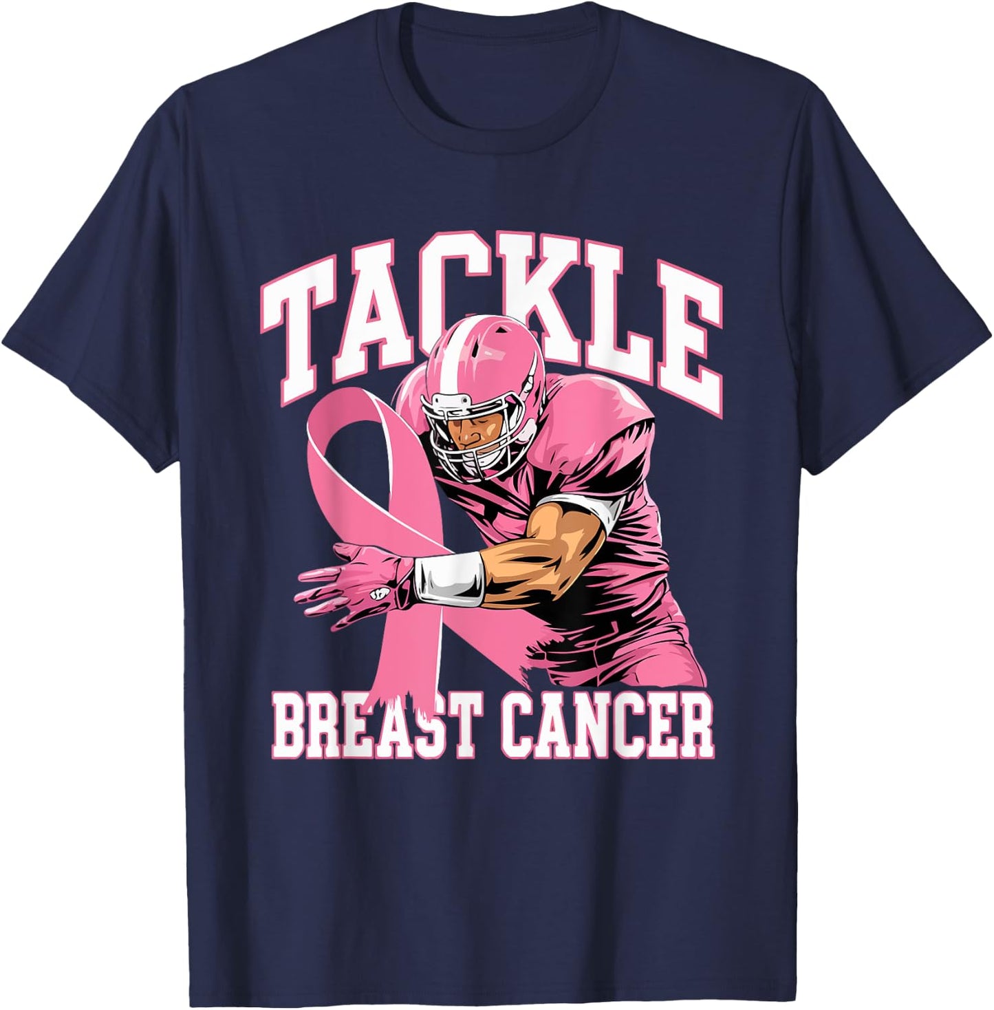Tackle Breast Cancer Pink Ribbon American Fantasy Football T-Shirt - T-Shirt | Navy