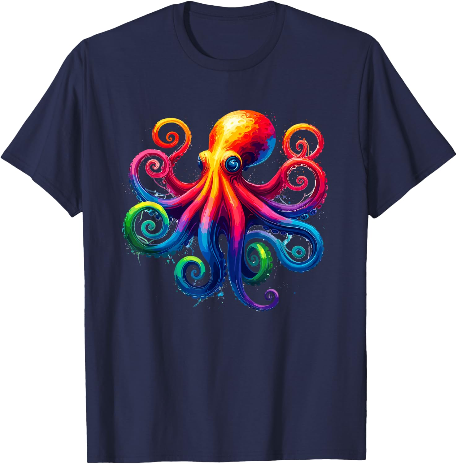 Vibrant Rainbow Octopus Psychedelic Art Sea Creature T-Shirt - T-Shirt | Navy