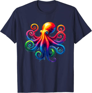Vibrant Rainbow Octopus Psychedelic Art Sea Creature T-Shirt - T-Shirt | Navy