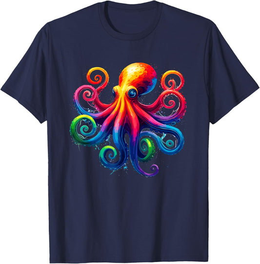 Vibrant Rainbow Octopus Psychedelic Art Sea Creature T-Shirt - T-Shirt | Navy