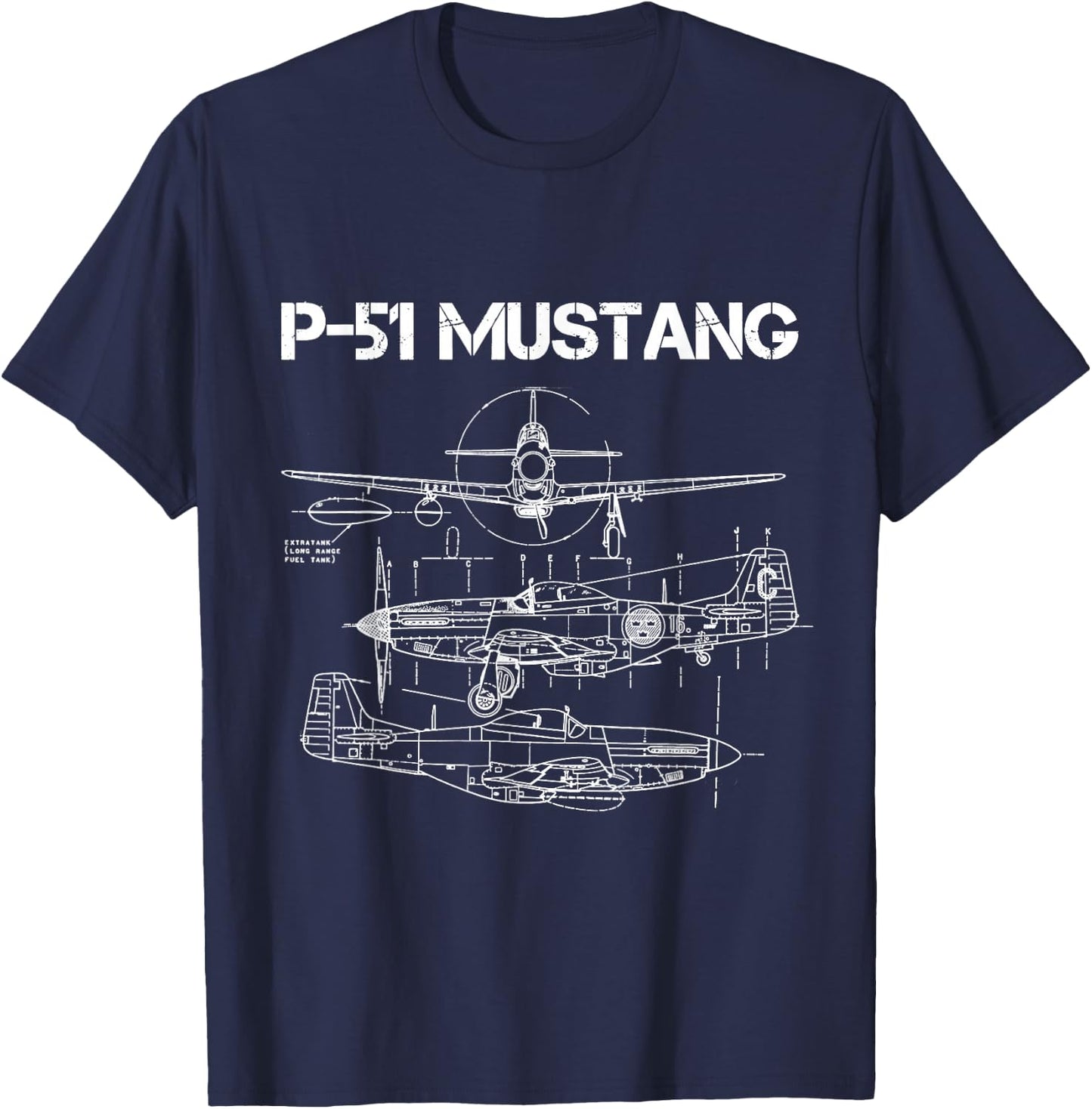 North American P-51 Mustang WW2 Fighter Blueprint T-Shirt - T-Shirt | Navy