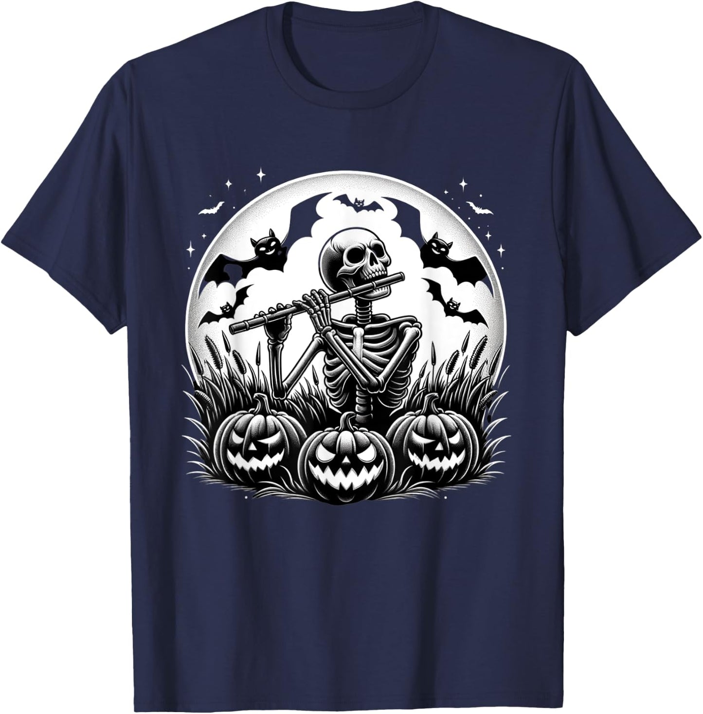 Funny Flute Skeleton Flutist Halloween Kids T-Shirt - T-Shirt | Navy