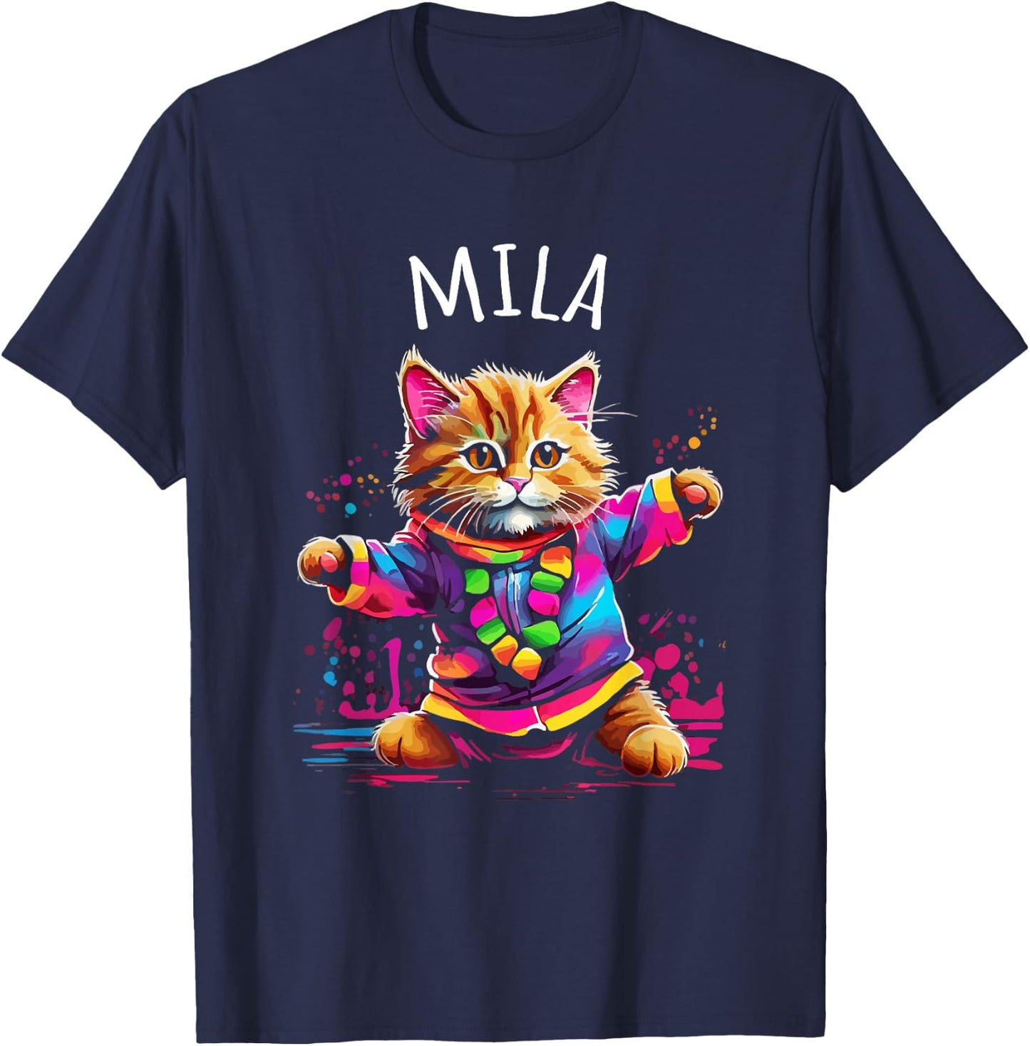 Mila Colorful Dancing Cat Design for Girls Name Mila T-Shirt - T-Shirt | Navy