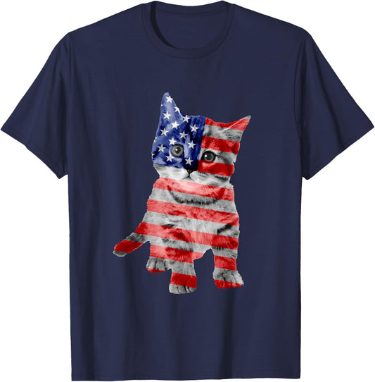 Red White Blue Flag Cat Kitten Patriotic Men Women Kid T-Shirt - T-Shirt | Navy