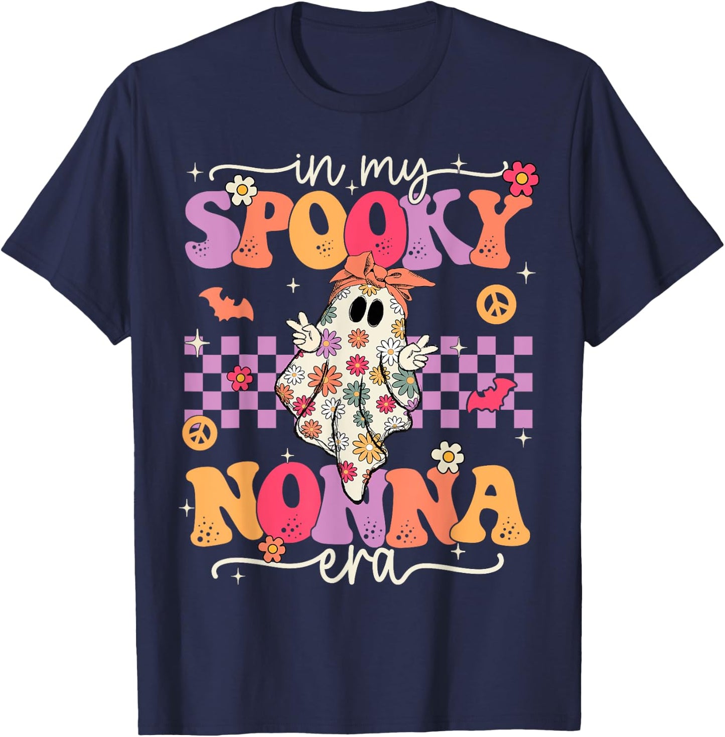 Groovy In My Spooky Nonna Era Hippie Halloween Floral Ghost T-Shirt - T-Shirt | Navy