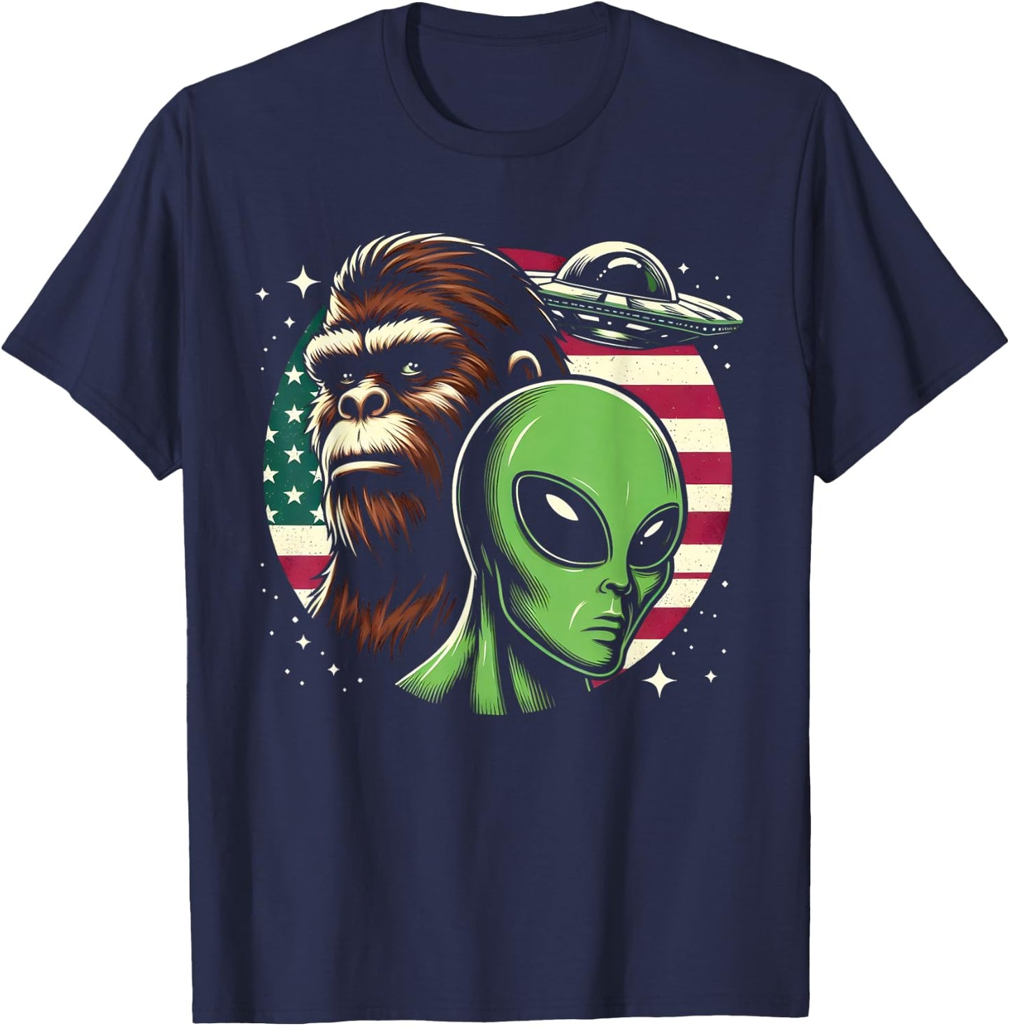 Bigfoot Sasquatch Alien UFO USA American Flag T-Shirt - T-Shirt | Navy