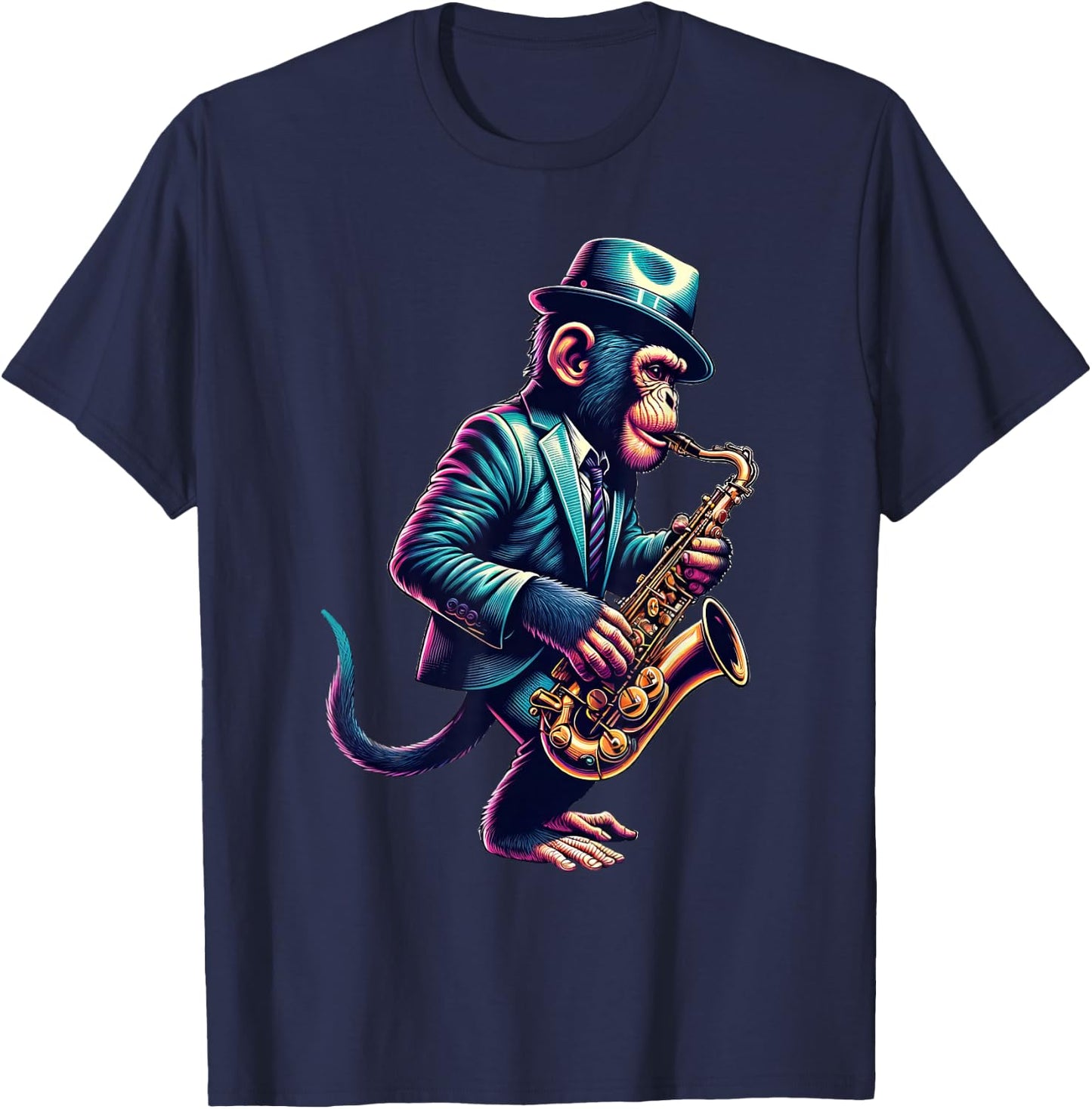 Cute Monkey Playing Saxophone Monkeys Musician Music T-Shirt - T-Shirt | Navy