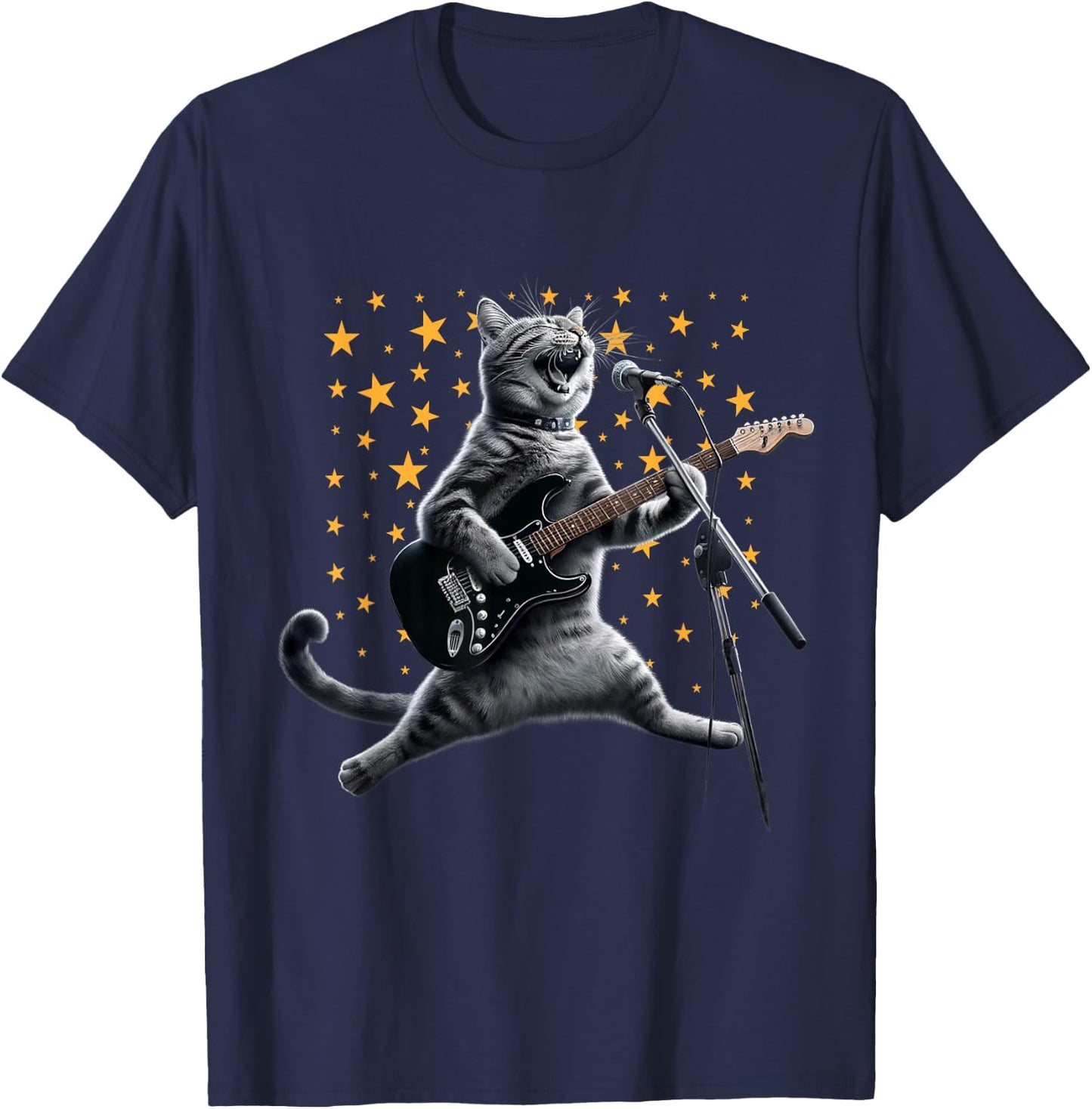 Rock Cat Playing Guitar Electric in space Funny kitty Galaxy T-Shirt - T-Shirt | Navy